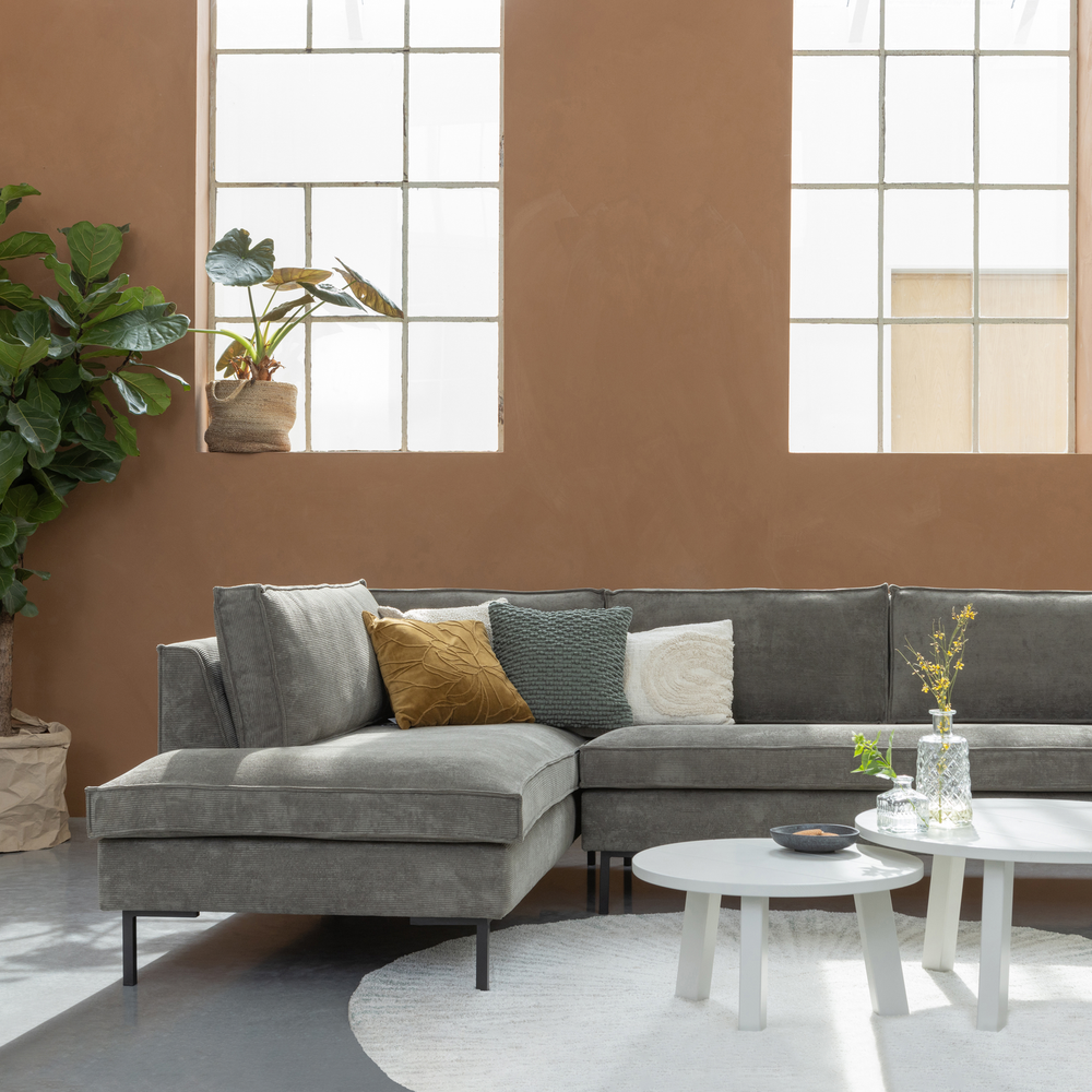 Arwin corner sofa, ribbed fabric, left-hand side, olive green, room setting