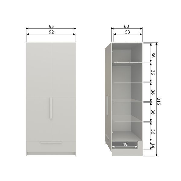 Pure 2-türiger kleiderschrank split kiefer dust, Maßzeichnung