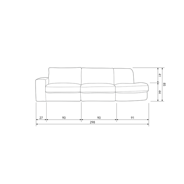 Family 2,5-seater sofa rounded right sand, dimension drawing