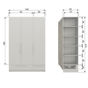 Pure 3-deurs hang/legkast - splitdeur grenen dust, maattekening