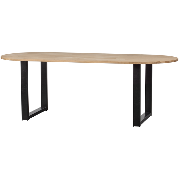 Combi Tablo oval untreated oak table with U shaped leg, angled front view