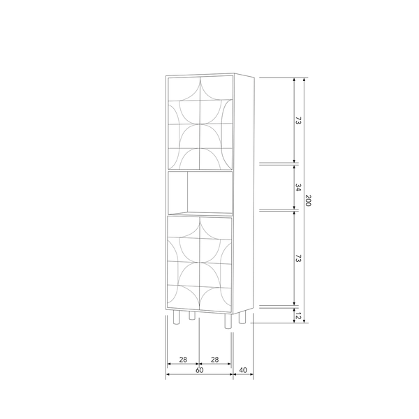 Draw 4-deurs opbergkast met open vak mango hout walnoot, maattekening