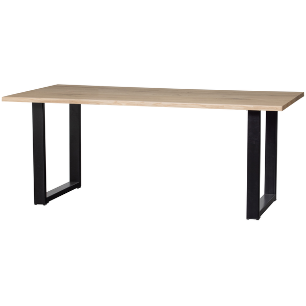 Combi Tablo Baumkanten Esstisch Eiche 180 x 90 cm mit Tischbein in U Form, schräge Vorderansicht