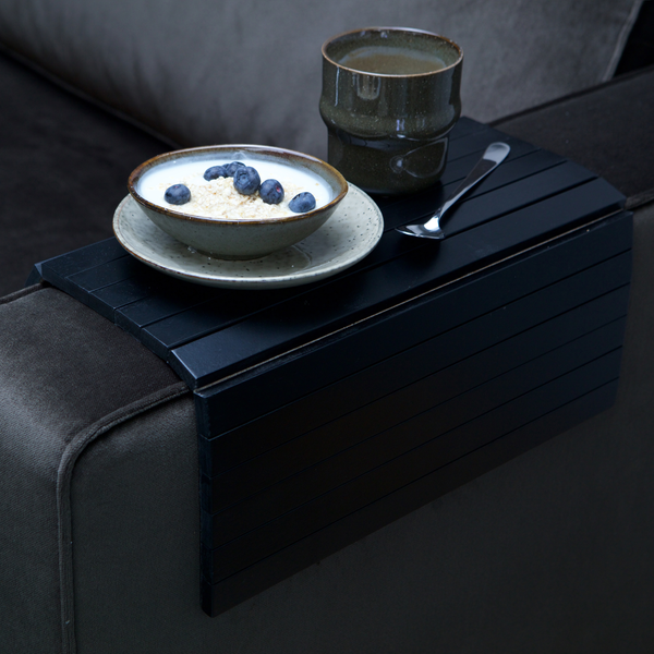 Armrest XL flexible sofa tray black, angled front view