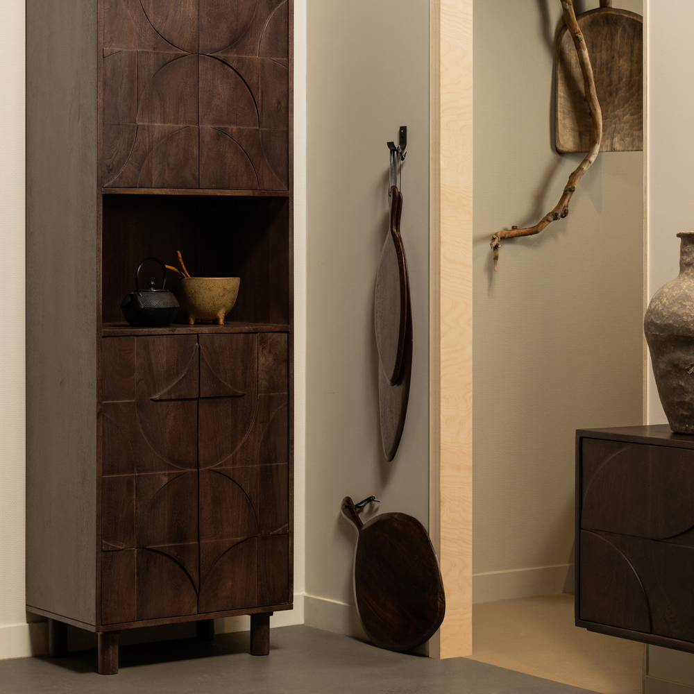 Draw 4-door storage cabinet open compartment mango walnut, room setting