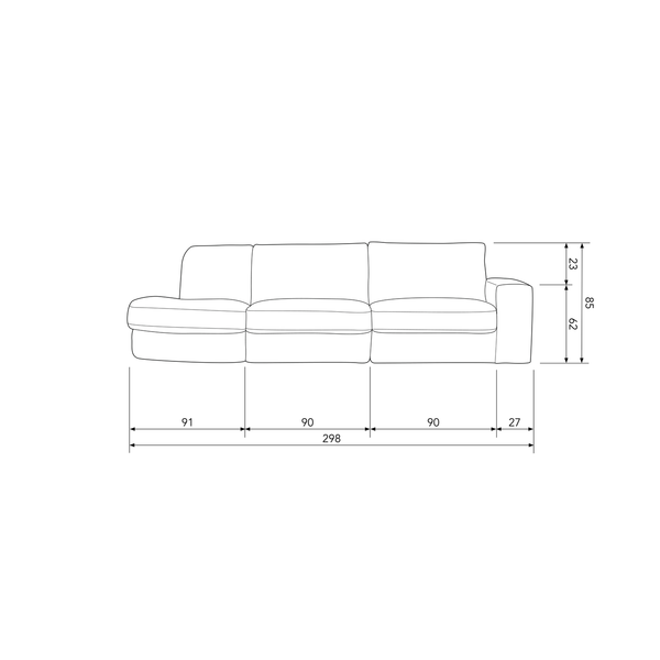 Family 2,5-seater sofa rounded left green, dimension drawing