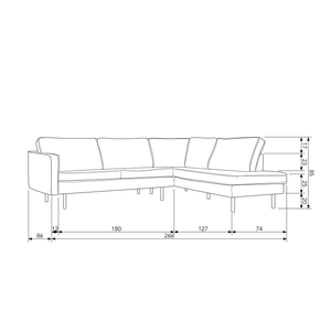 Rodeo corner sofa right velvet forest green, dimension drawing