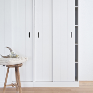 Row cabinet shelves sliding doors, room setting