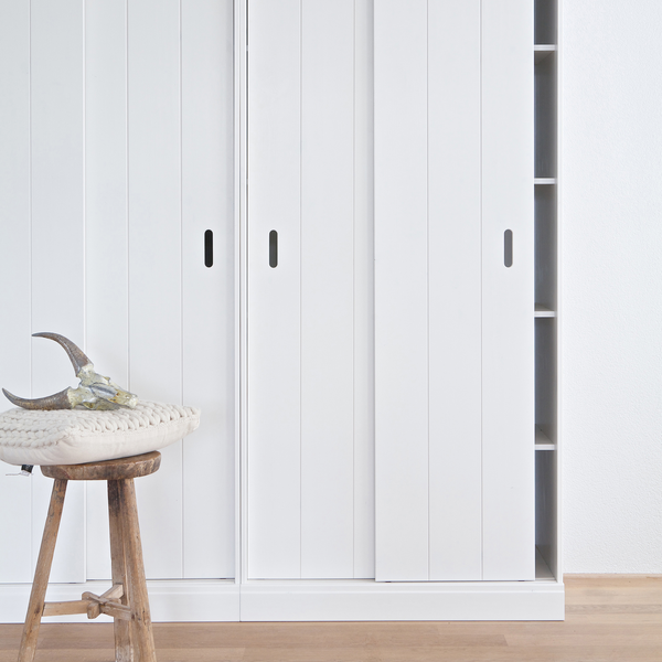 Row cabinet shelves sliding doors, room setting