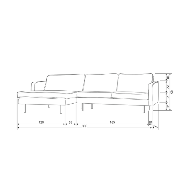 Rodeo chaise longue links structure velvet mountain, maattekening